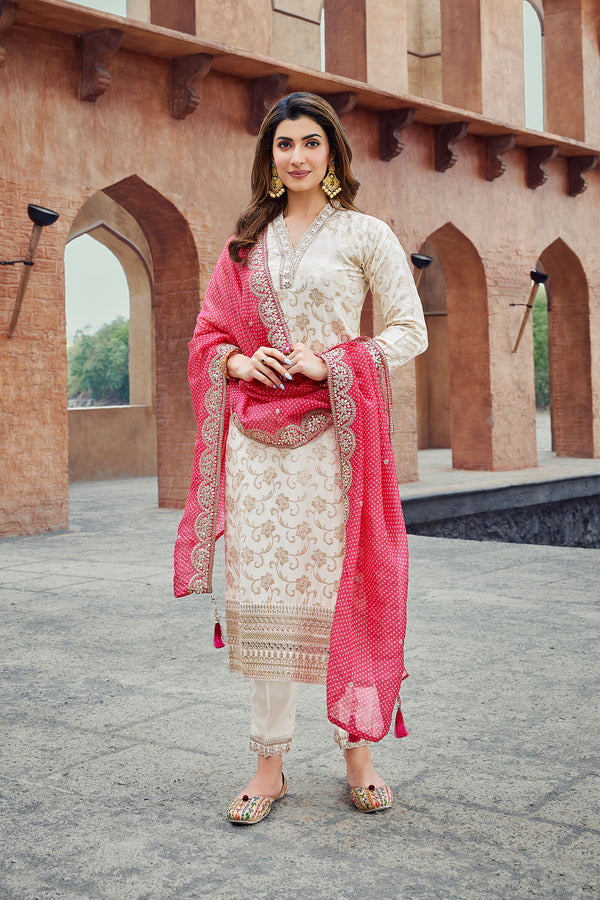 Off white suit with Bandhani dupatta