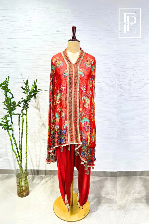 Elegant Rust orange ethnic printed tunic  with dhoti set