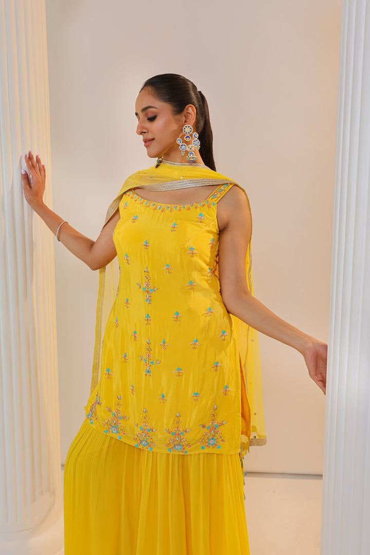 Yellow Sharara Suit in Satin Fabric