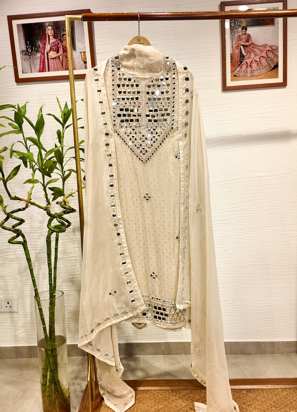 Ivory White Tissue Georgette Suit with Mirror Work