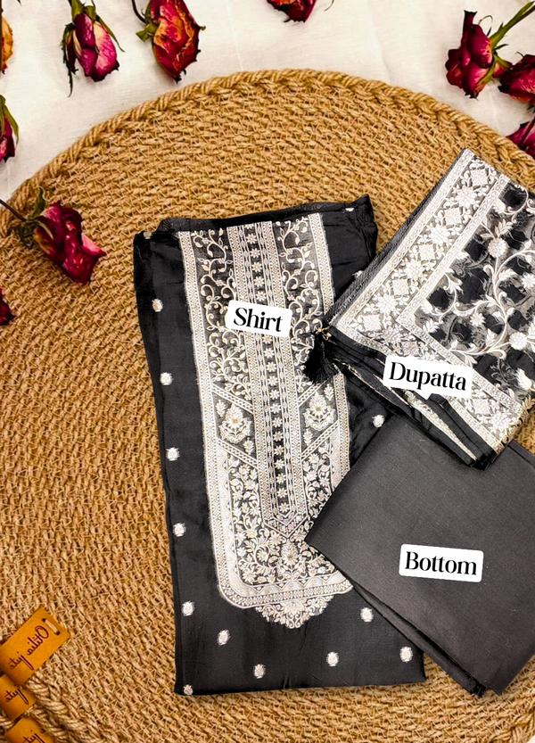 Coal Black Banarasi Silk Suit Set