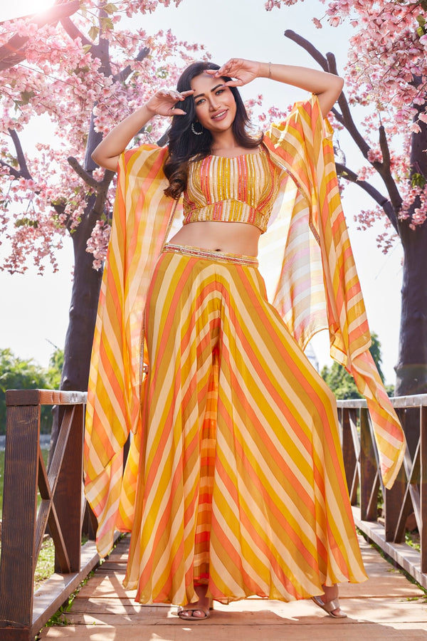 Yellow Multicolour Crop Top  with Palazo and Cape