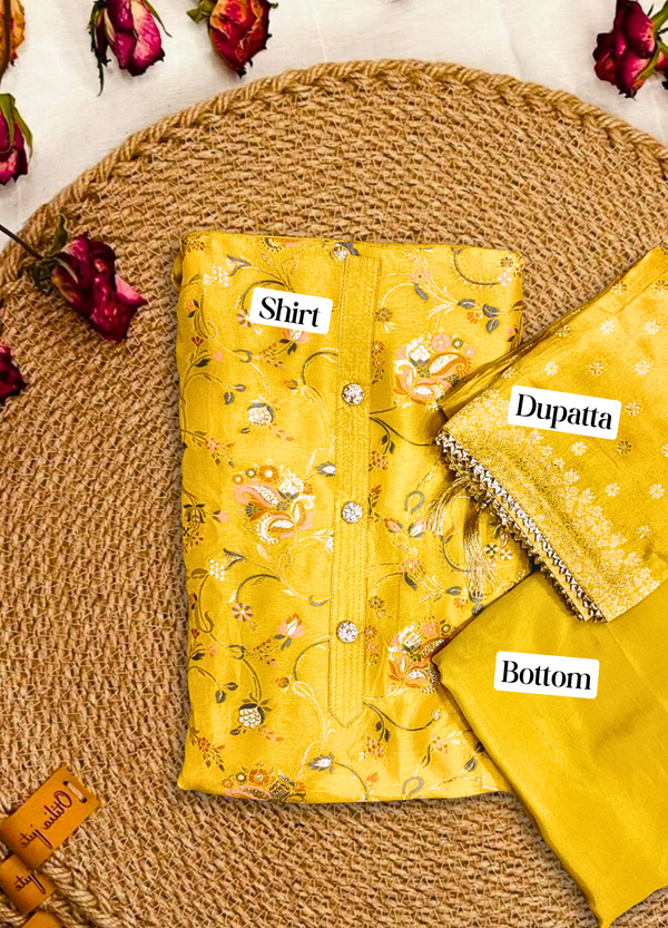 Festive Yellow Banarasi Silk Suit Set