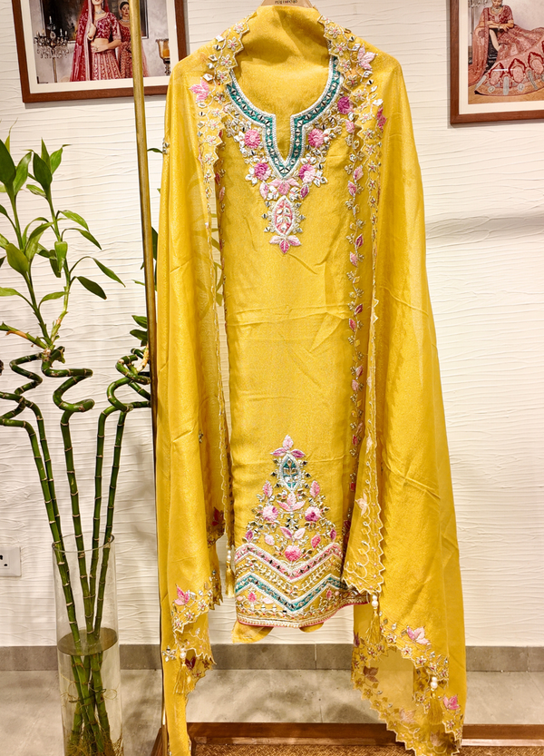 Yellow Tissue Georgette Suit with Resham & Gota Work