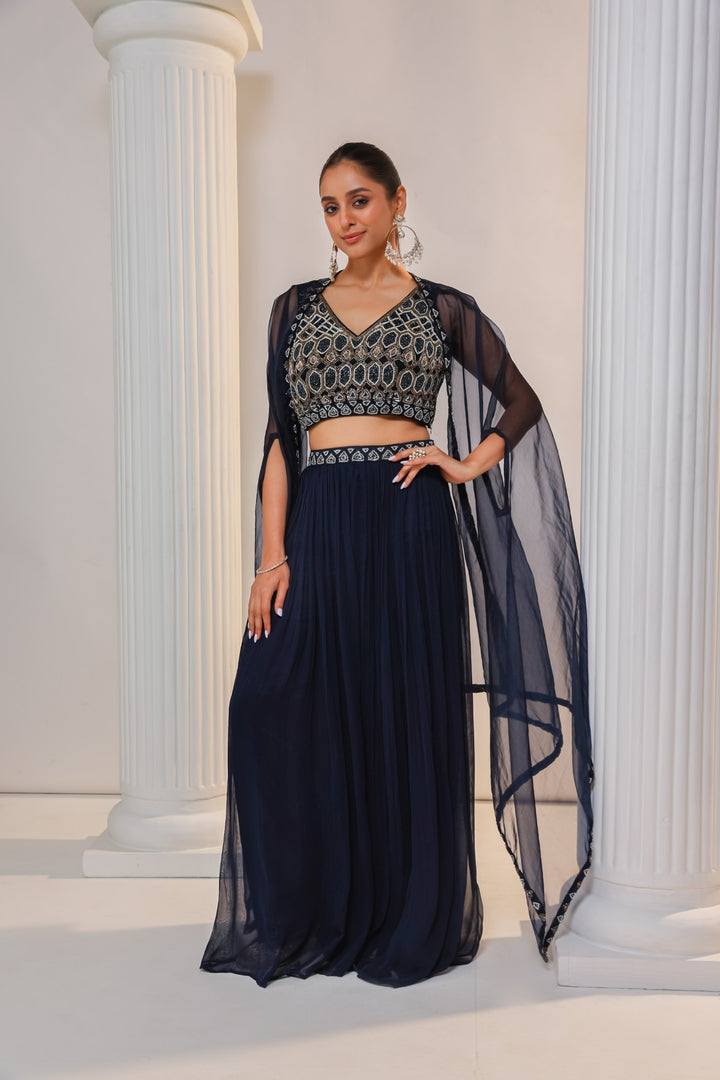 Navy Blue Crop Top with Palazzo and Cape