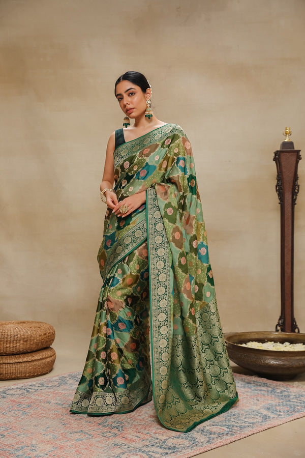 Green Banarsi Silk Saree With Kalamkari Printed
