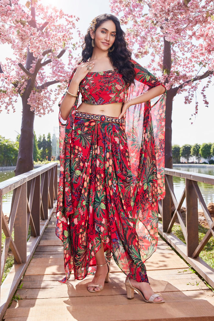 Red indo western dhoti with crop top and cape