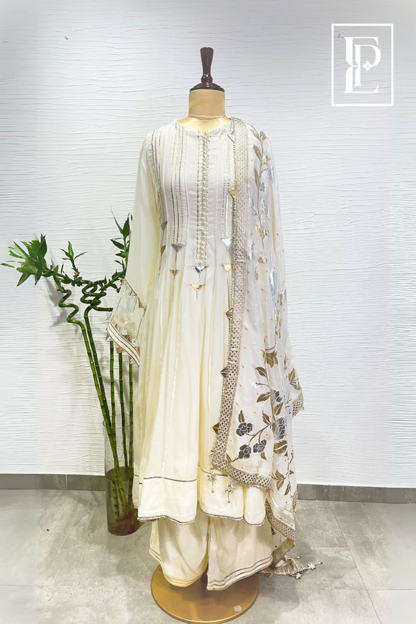 Off white embellished short anarkali suit set