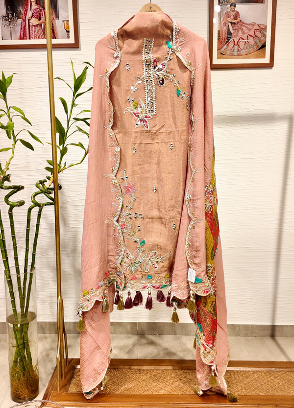 Peach Tissue Georgette Suit with Resham & Gota Work