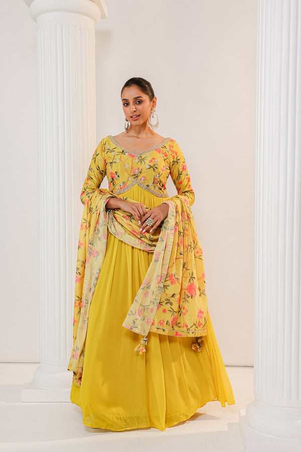 Neon Yellow Georgette Printed Anarkali Suit