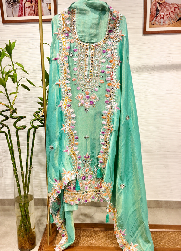 Sage Green Tissue Georgette Suit with Resham & Gota Work