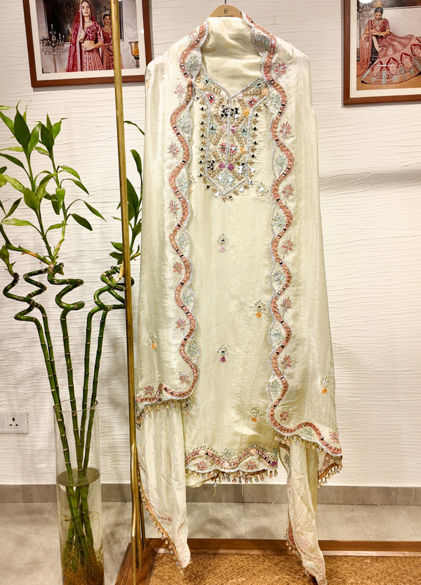 Off White Tissue Georgette Suit with Resham & Gota Work