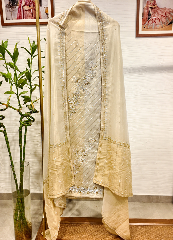 Ivory White Tissue Georgette Suit with Zardosi work