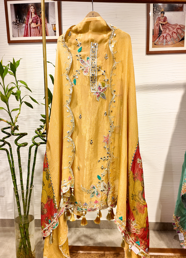 Mustard Tissue Georgette Suit with Resham & Gota Work