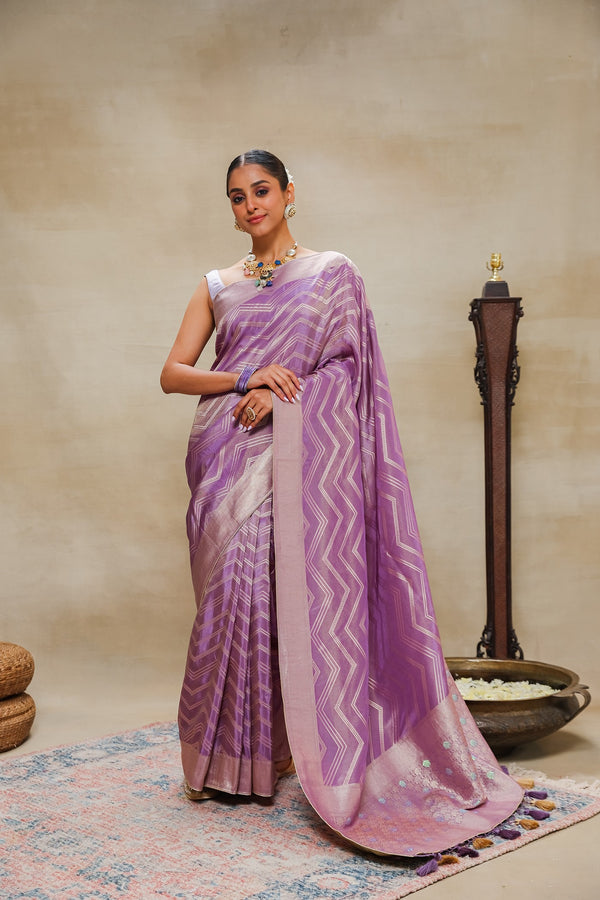 Lilac Banarasi Silk Saree With Zari Work