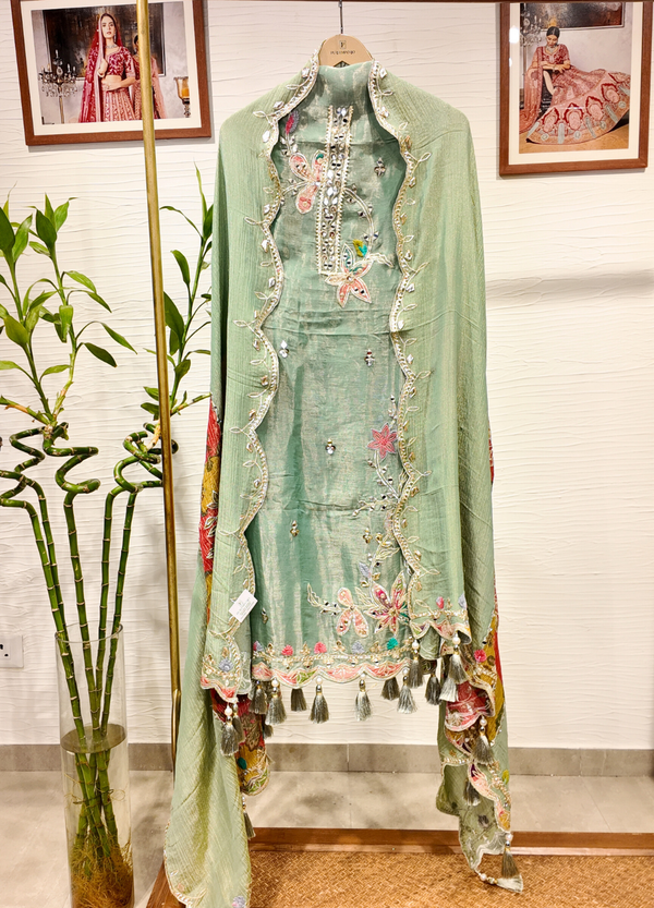 Pista Green Tissue Georgette Suit with Resham & Gota Work