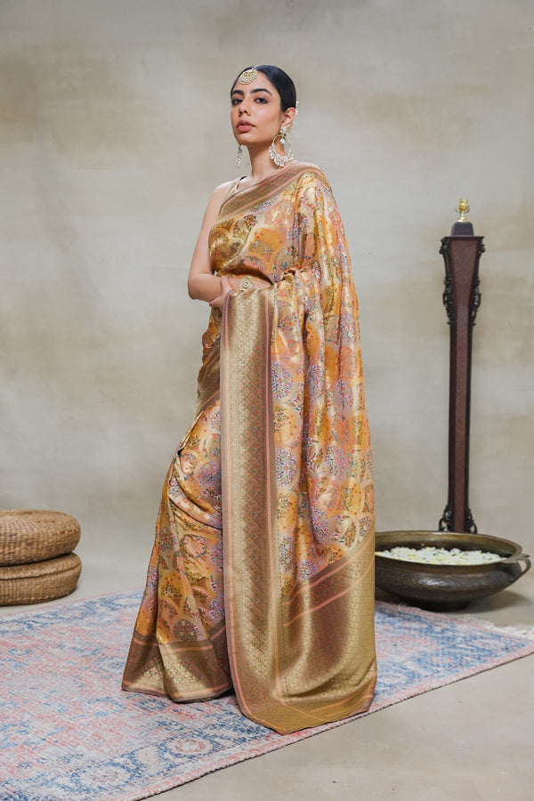 Rose Gold Tissue Silk Saree With Kalamkari Work