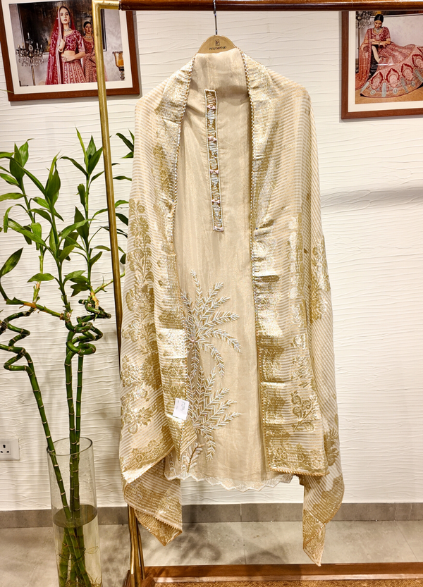 Ivory White Tissue Georgette Suit with Pearl Work