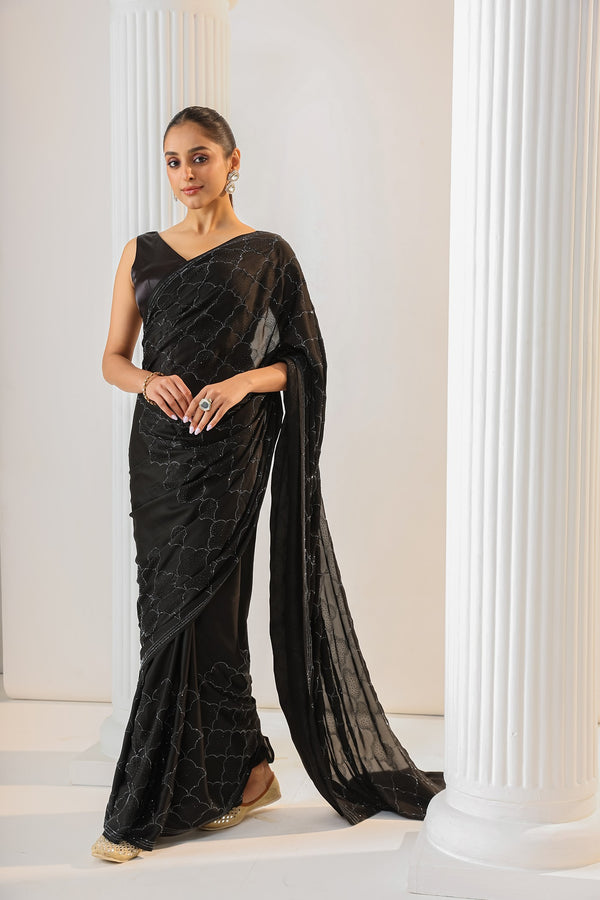 Black Swarovski Saree In Satin Fabric