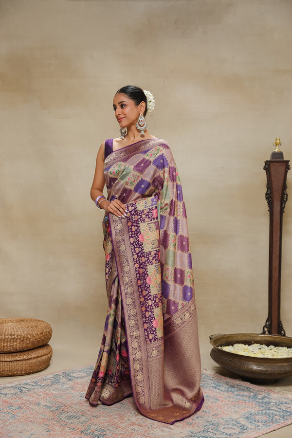 Purple Banarsi Dola Silk Saree With Kalamkari Printing