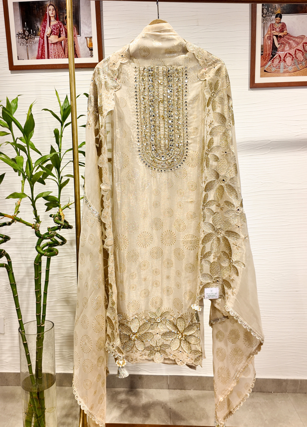 Ivory White Tissue Georgette Suit with Mirror & Zari Work