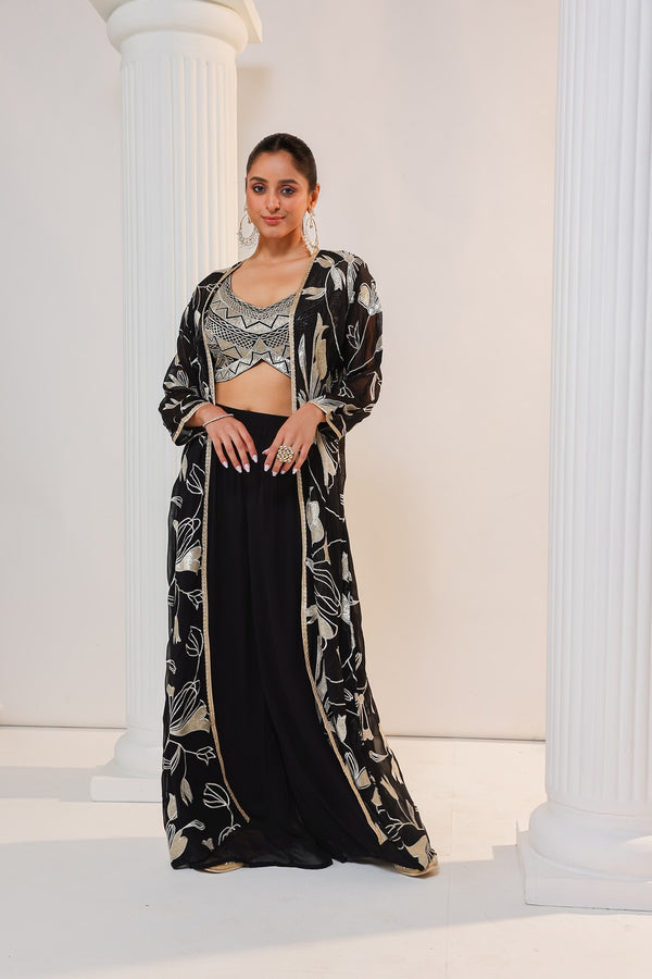 Black zari crop top and plazo with long cape