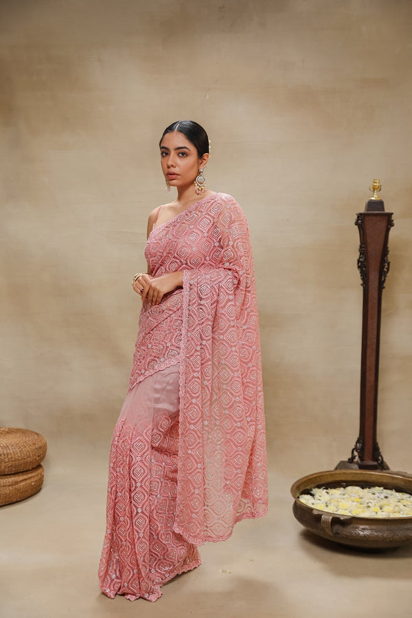 Powder Pink Saree In Net Fabric With Resham Work