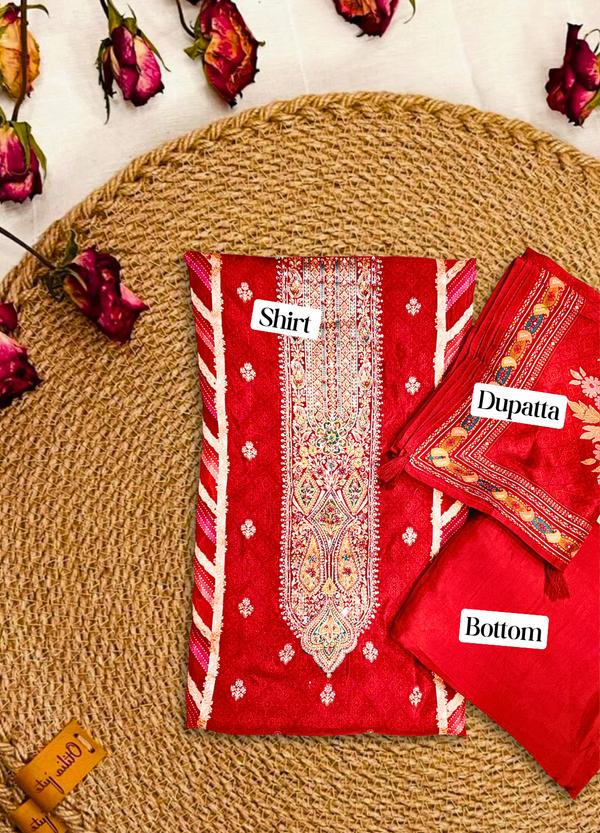 Crimson Red Banarasi Silk Suit Set