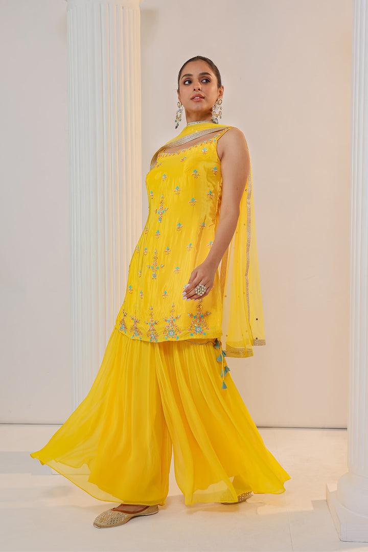 Yellow Sharara Suit in Satin Fabric