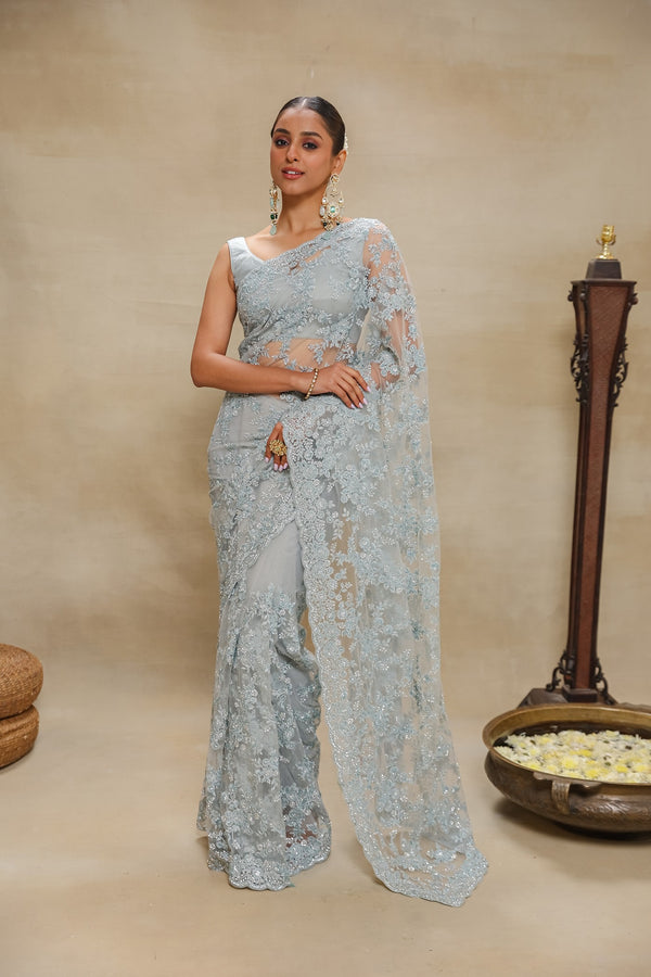 Powder Blue Net Saree Floral Embroidery