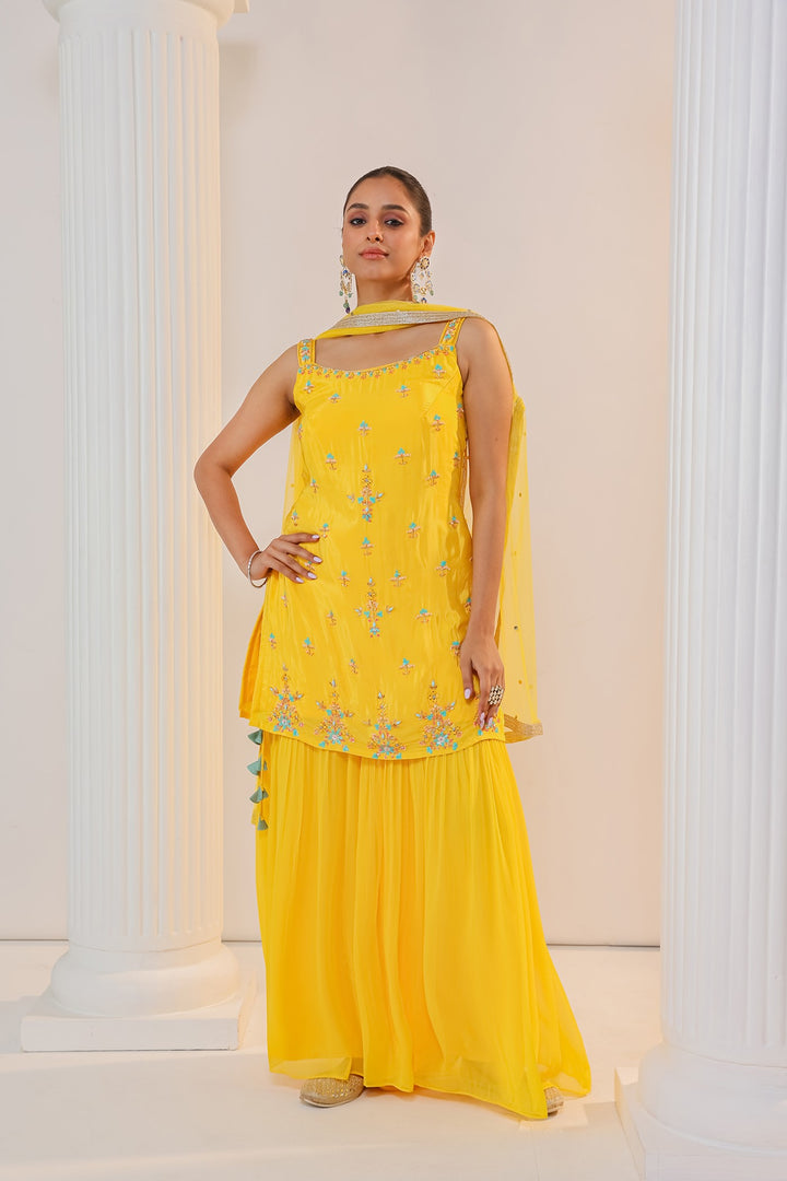 Yellow Sharara Suit in Satin Fabric