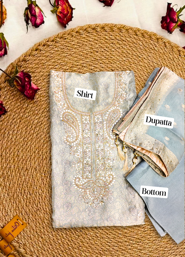 Blue Gray Banarasi Brocade Suit Set