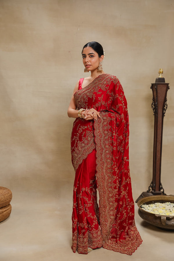 Maroon Crepe Saree With Hand Embroidery