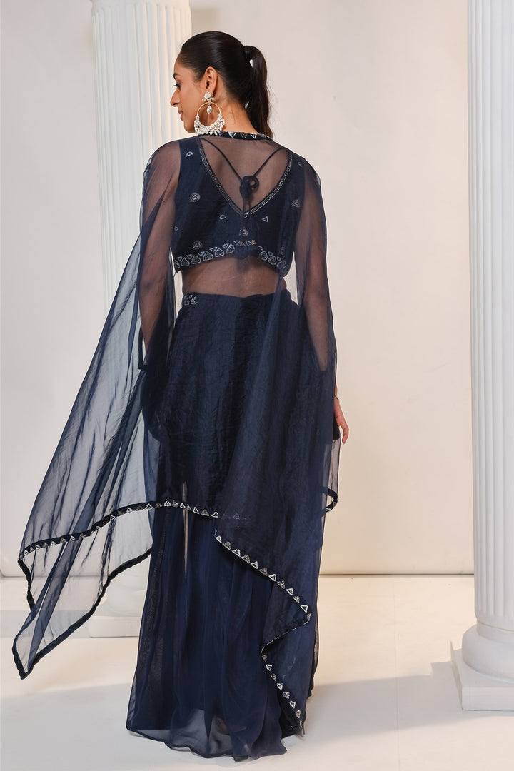 Navy Blue Crop Top with Palazzo and Cape