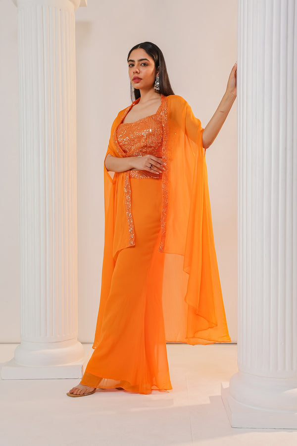 Orange indowestern set with cape