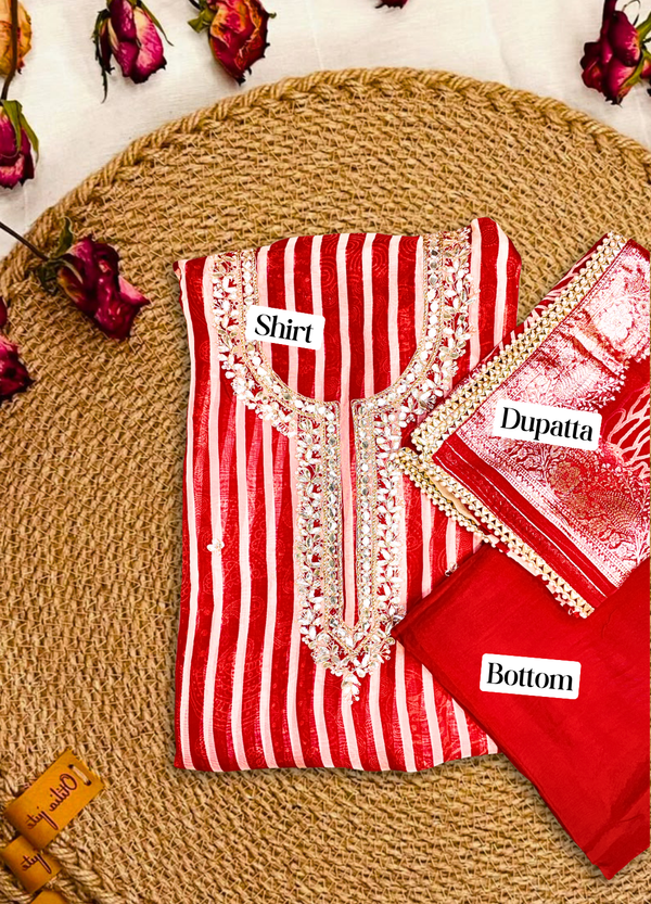 Festive Red Organza Stripe Print Suit Set