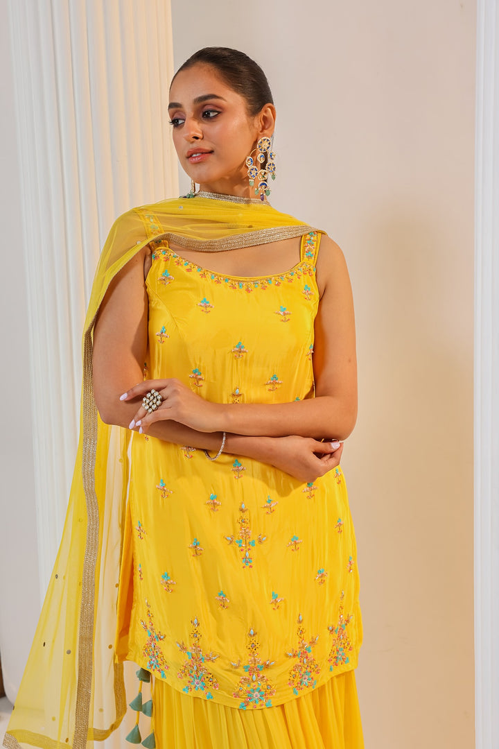 Yellow Sharara Suit in Satin Fabric