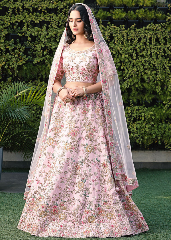 Powder Pink Designer Wedding Lehenga With Applique