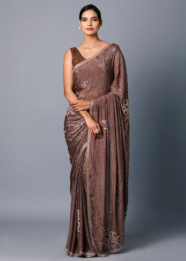 Brown Designer Saree in Chinon Crepe with Sequins