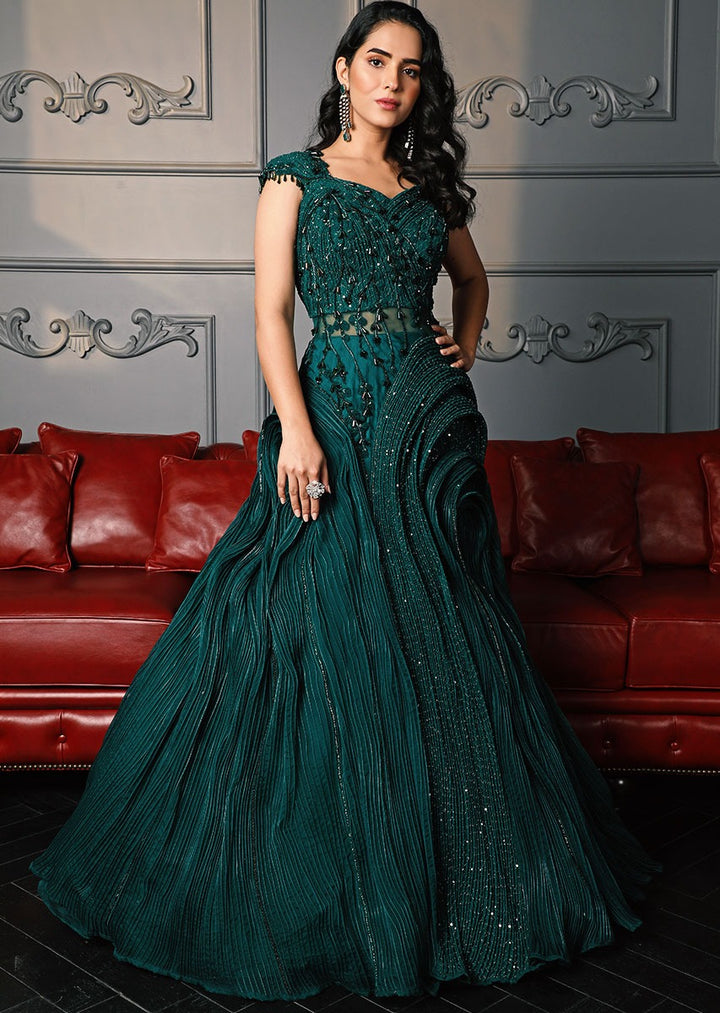 Bottle Green Designer Gown With Sequin Work Puri Emporio Bottle Green Designer Gown With Sequin Work Puri Emporio