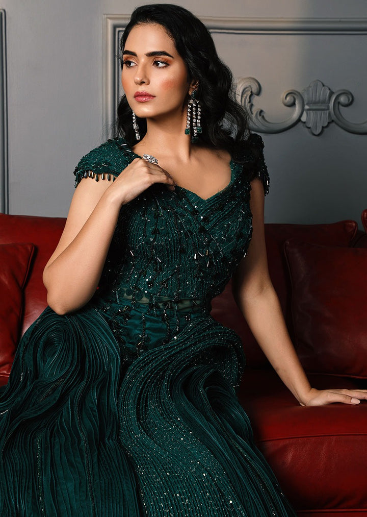 Bottle Green Designer Gown With Sequin Work Puri Emporio Bottle Green Designer Gown With Sequin Work Puri Emporio