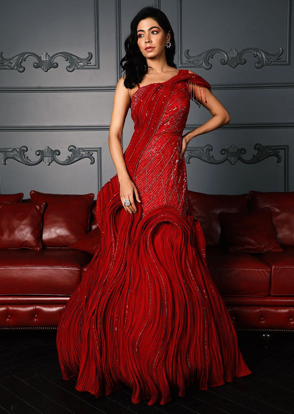 Hot Red Designer Gown With Sequins Work