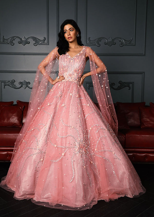 Powder Pink Designer Gown With Sequin Work