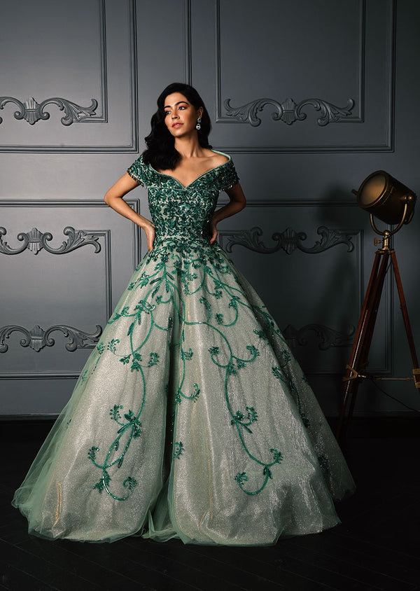 Green Designer Gown With Sequins work