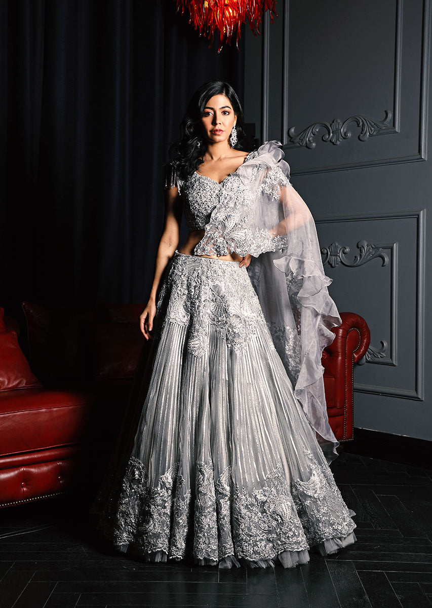 Buy the latest designer bridal Lehenga Beige-based, silver