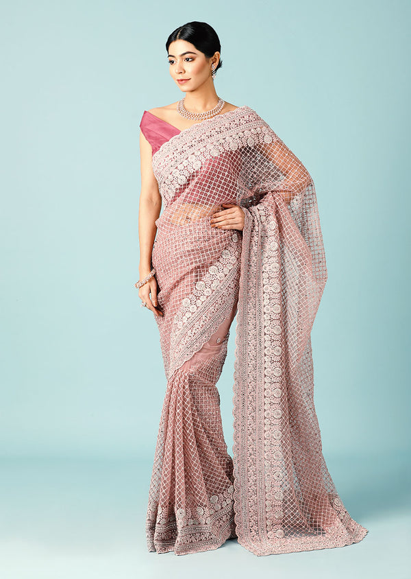 Peach Saree in Net With Stones Embellished Stripes