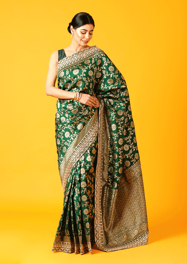 Green Silk Saree With Weaved Floral Jaal