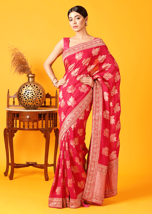 Rani Pink Saree In Khaddi Georgette With Pearls