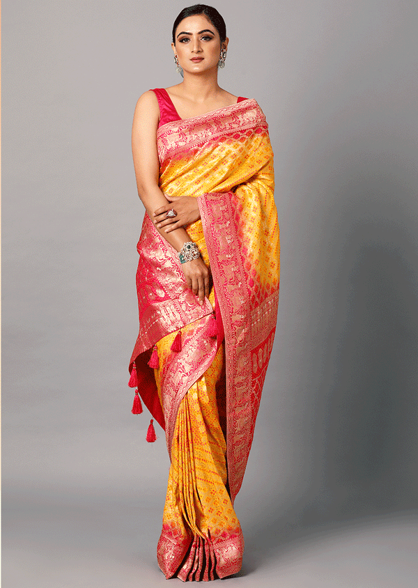 Yellow And Rani Saree With Floral Weaved