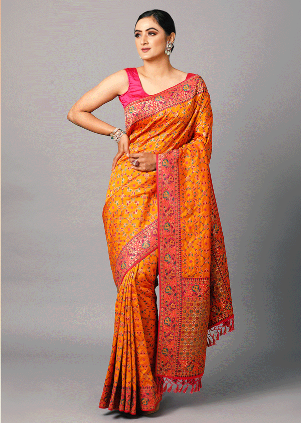 Yellow and Pink Banarasi  Saree In Silk